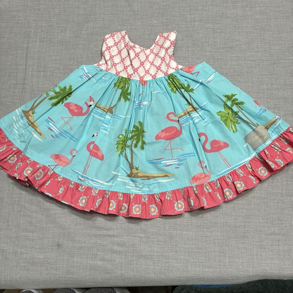 Eleanor Rose Blue Pink Flamingo Tunic Top Girls Size 2 Open Back Ruffle Shirt